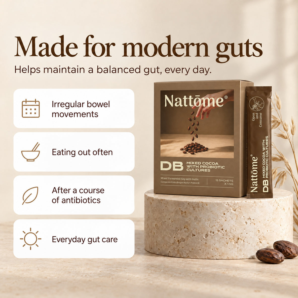 Nattōme DB is made for modern guts: irregular bowel movements, eating out often, after a course of antibiotics, everyday gut care