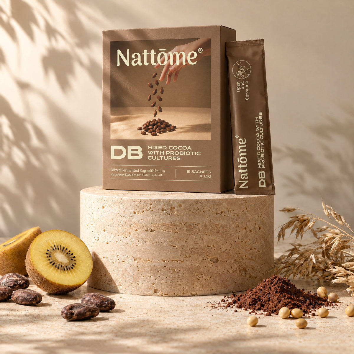 Nattōme DB (Digestive Booster) Cocoa box and sachet on a travertine stone plinth with golden kiwifruit, cocoa beans and oats